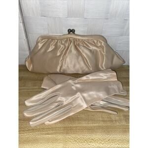 Vintage Beige Satin Clutch Evening Bag Purse Kiss Clasp & Matching Gloves
